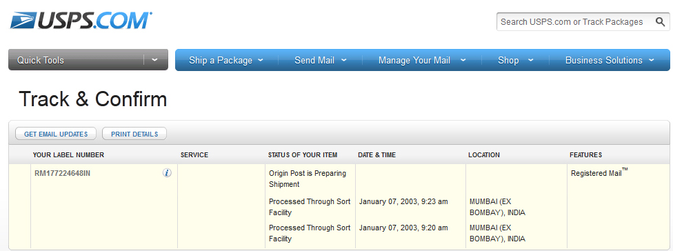 Here, even though the package has already arrived in New York, it still appears to be in India, which it is not.