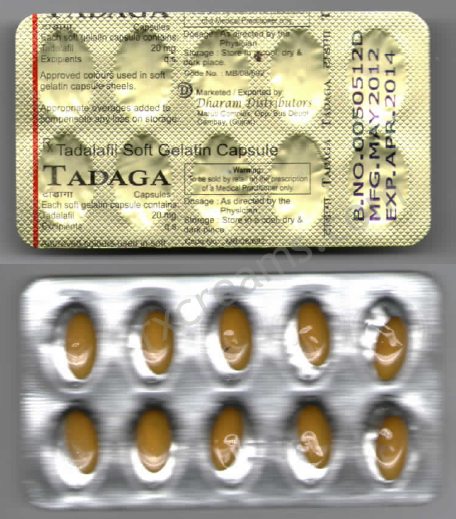 Tadaga tadalafil 20 mg soft gels. Made by Dharam Pharmaceuticals. An easy to chew or swallow soft gel.
